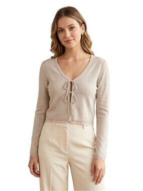 Cynthia Rowley NWT Beige Cropped Tie Front Lace Trim Cardigan Sweater Size M